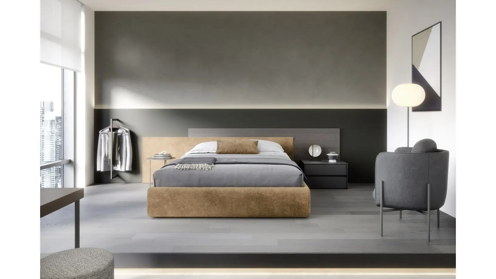 Letto con contenitore Testiera Time in tessuto imbottito e legno di Novamobili